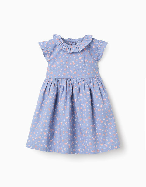 Vestido celeste Zippy floral cuello y mangas con vuelitos - Kinder Guatemala -