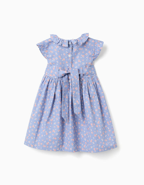 Vestido celeste Zippy floral cuello y mangas con vuelitos - Kinder Guatemala -