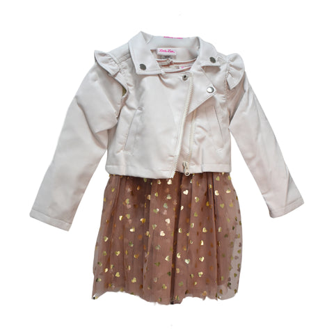 Conjunto Little Lass 2 piezas: Vestido diseño de corazón y chaqueta metalizada para niña