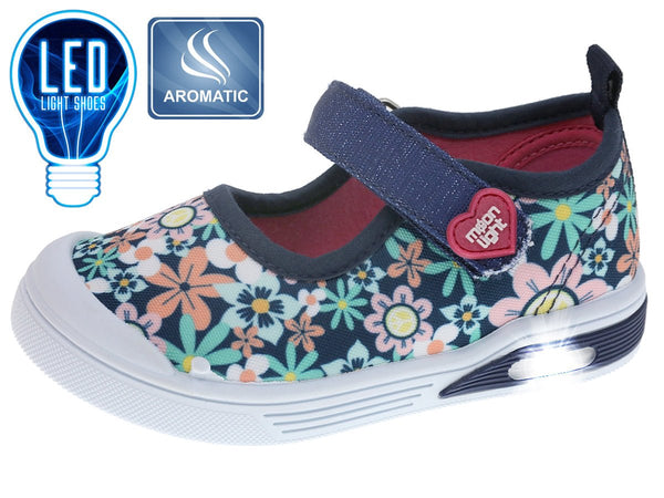 Zapato Beppi tipo tenis con luz Led cincho con velcro diseño de flores para niña color azul - Kinder Guatemala - Zapatos Tenis
